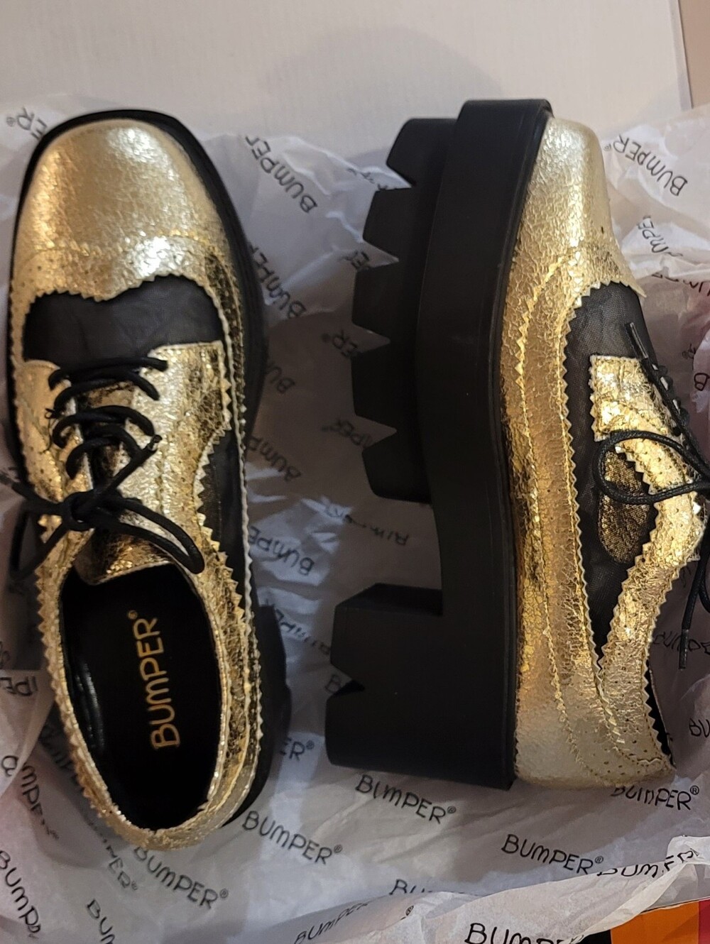 NIB Bumper Metallic Gold Rave Mesh Oxford Creeper Black Platforms Women Size 9